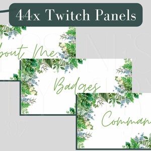 Könnte beinhalten: Vier Twitch-Panels mit weißem Hintergrund und grünen floralen Rändern. Die Panels sind mit "Über mich", "Abzeichen" und "Befehle" beschriftet.