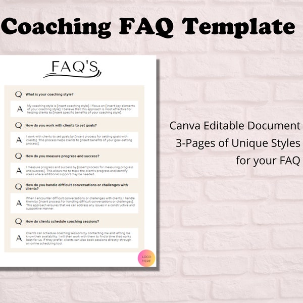 3-Styles Coaching FAQ-Seite - Willkommenspaket für Kunden - Canva-Vorlage - Sofortiger Download - zum selbst ausdrucken