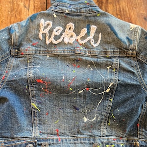 Toddler Denim Jacket l Hand Embroidered l embroidered REBEL Paint Splattered Jean Jacket l Upcycled Denim l *made to order any size!*