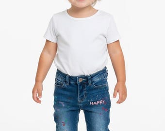 Upcycle-jeans för småbarn – 3T – Handmålade – Handbroderade – lekfulla jeans *kan tillverkas i andra storlekar!*