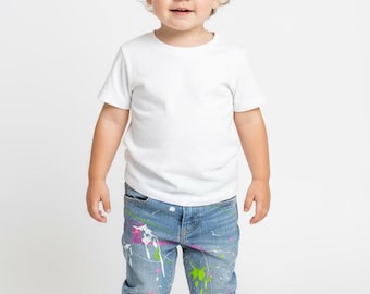 Handmålade Drip Art-jeans för småbarn, återvunnen denim (storlek 2T)