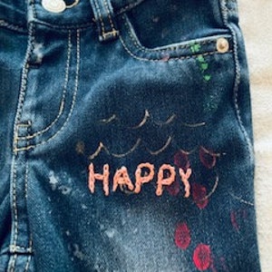 Toddler Upcycle Jeans-- 3T-- Hand-Painted -- Hand Embroidered--playful jeans *can be made in other sizes!*