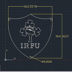 May include: A white outline of a shield with a shamrock and rugby ball inside. The text "IRFU" is written below the shamrock.