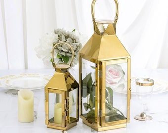 Gold Crown Top Stainless Steel Metal Lantern Centerpieces, Outdoor Candle Lanterns