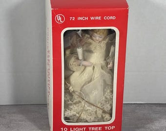 Vintage Angel Tree Topper Porcelain Head 10 Light Taiwan 72" Cord MCM Christmas