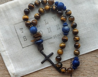 Anglican Prayer Beads, Rosary with Gemstones Tiger Eye and Lapis, Episcopal, Christian Prayer Devotional Aid, Rustic Cross