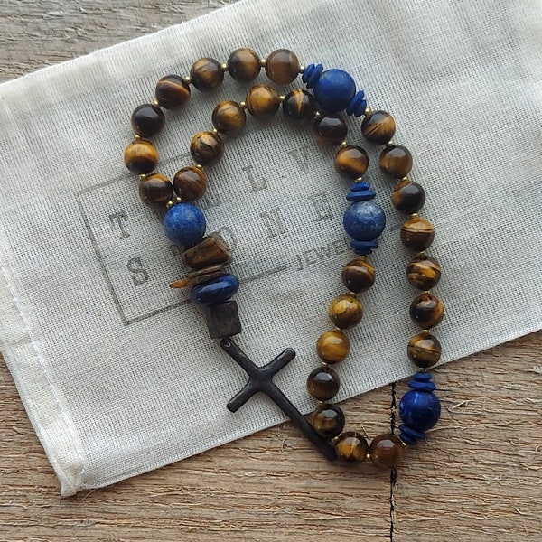 Anglican Prayer Beads, Rosary with Gemstones Tiger Eye and Lapis, Episcopal, Christian Prayer Devotional Aid, Rustic Cross