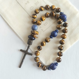 Anglican Prayer Beads, Rosary with Gemstones Tiger Eye and Lapis, Episcopal, Christian Prayer Devotional Aid, Rustic Cross