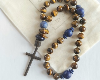 Anglican Prayer Beads, Rosary with Gemstones Tiger Eye and Lapis, Episcopal, Christian Prayer Devotional Aid, Rustic Cross