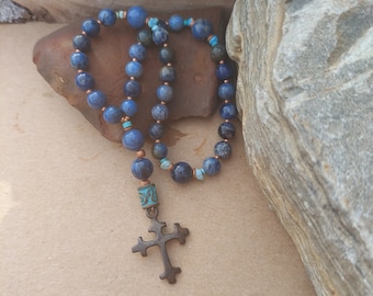 Gemstone Anglican Prayer beads, Rosary with Dumortierite, Turquoise & Copper. Devotional Aid for Episcopal, Protestant, Christian Prayer