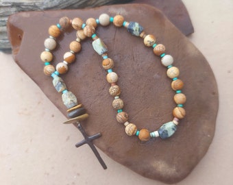 Anglican Prayer Beads, Episcopal Rosary, with Picture Jasper, Turquoise, River Stones and Aventurine Stone Beads, Protestant, Christian