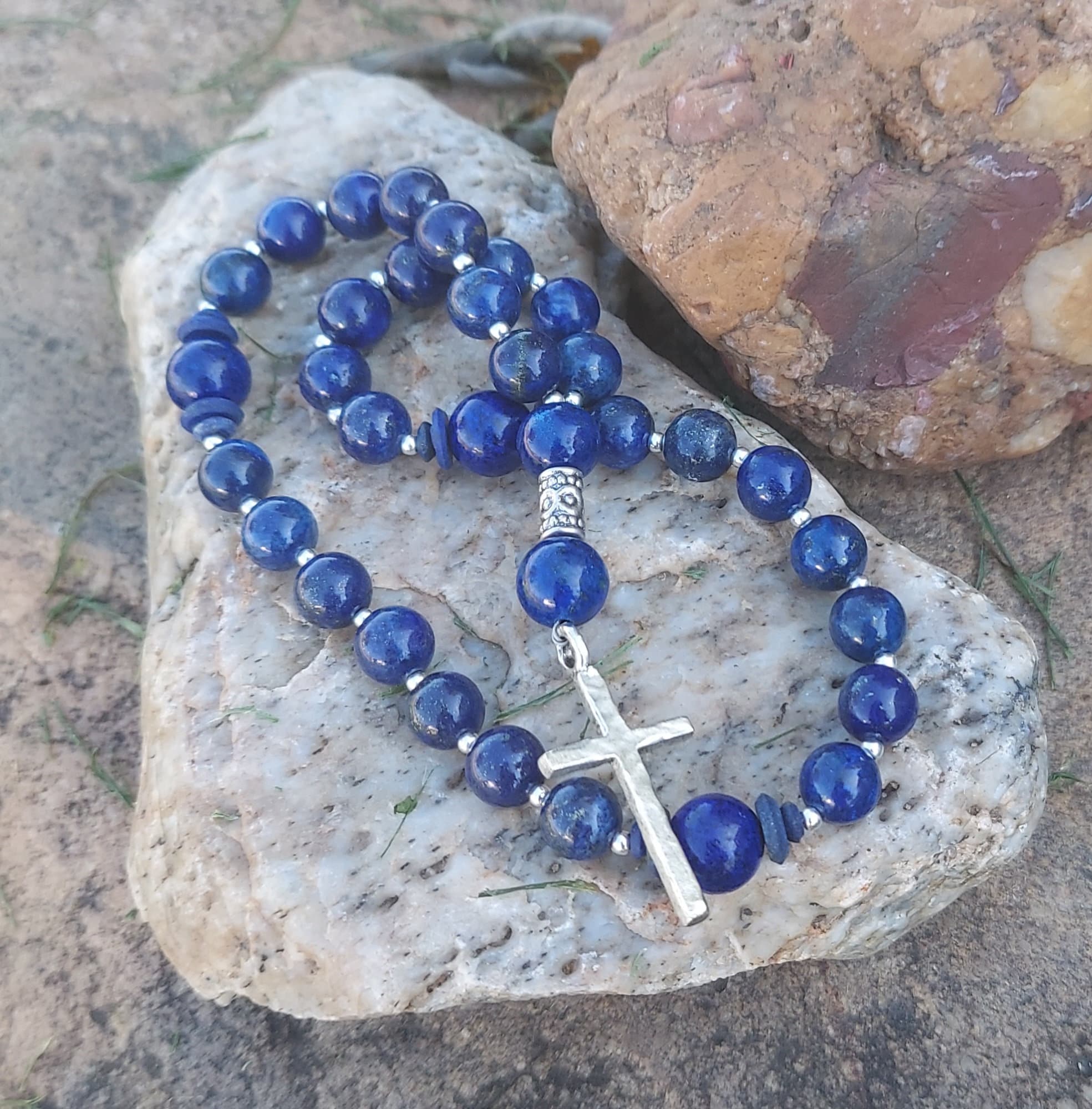 Anglican Prayer Beads, Episcopal Rosary, Beautiful Royal Blue Lapis Gemstones and a Silver Cross, Christian Faith