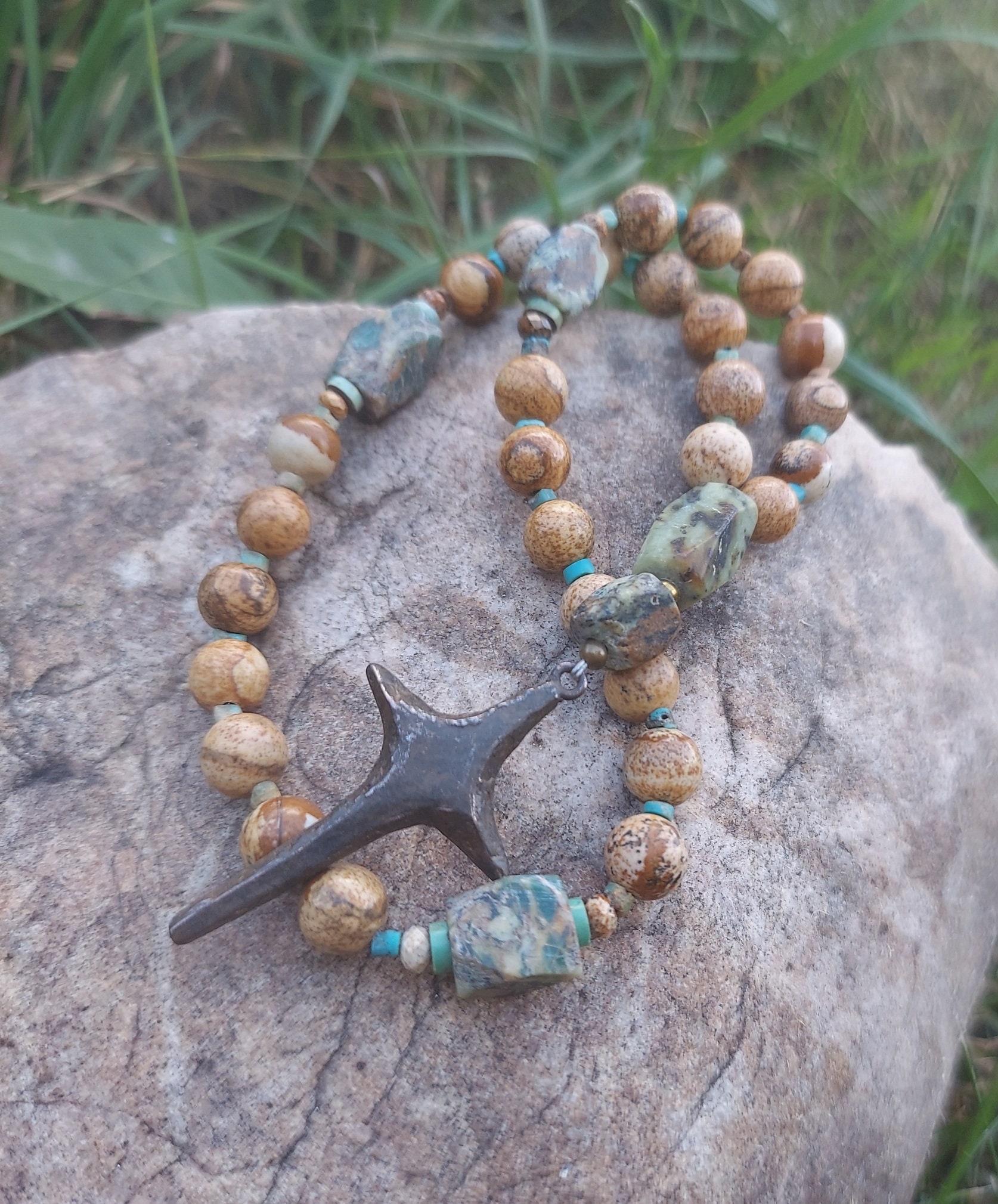 Anglican Prayer Beads, Rosary, Gemstones Picture Jasper, Turquoise