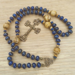 Catholic Rosary, Five Decade, Gemstones Lapis & Picture Jasper, Antiqued Brass Crucifix