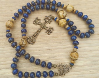 Catholic Rosary, Five Decade, Gemstones Lapis & Picture Jasper, Antiqued Brass Crucifix