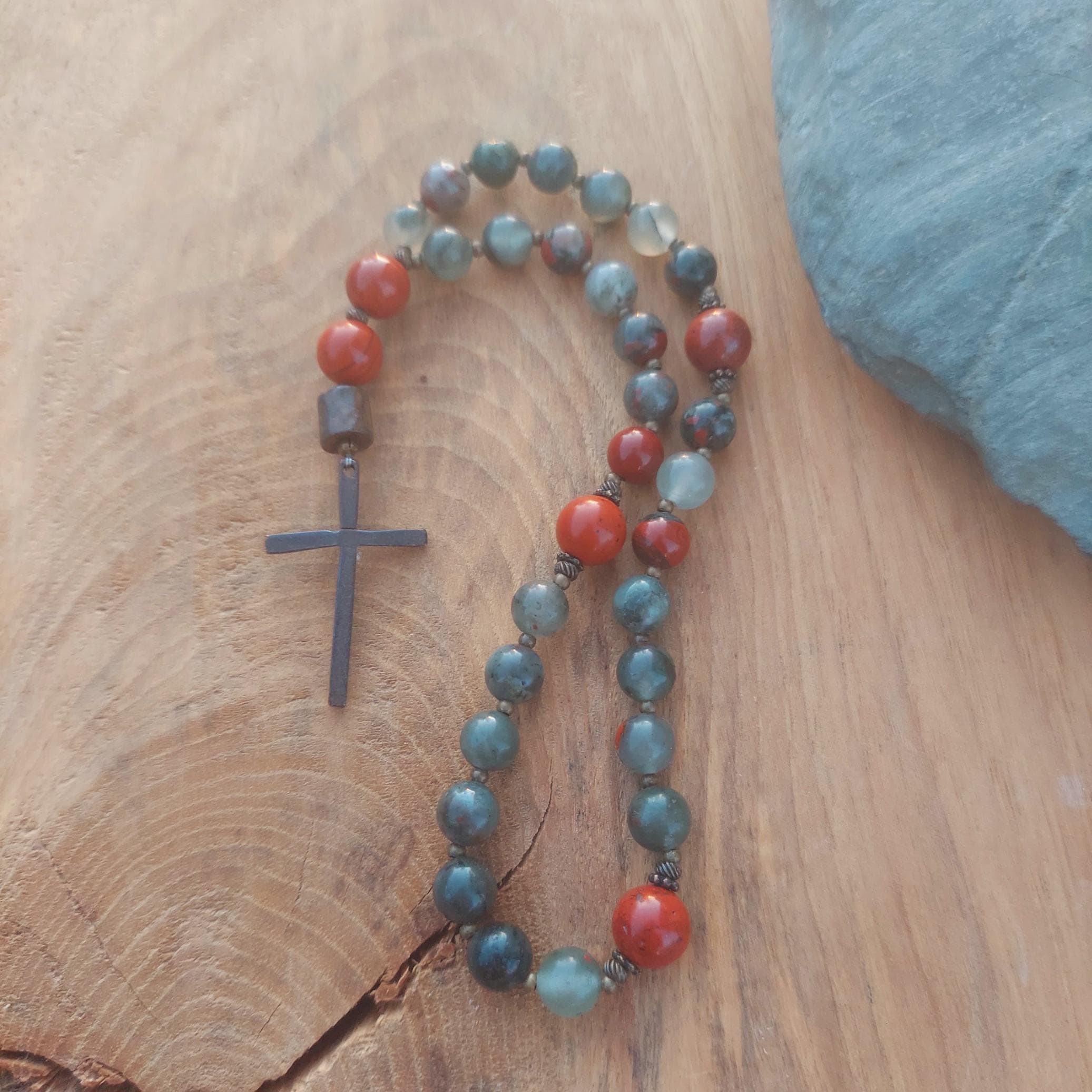 African Blood Stone & Jasper Anglican Prayer Beads, Episcopal Rosary, Christian, Rustic Cross, Faith Gift
