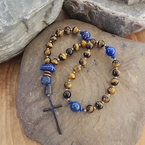 Anglican Prayer Beads with Natural Tiger Eye, Lapis and a Rustic Cross