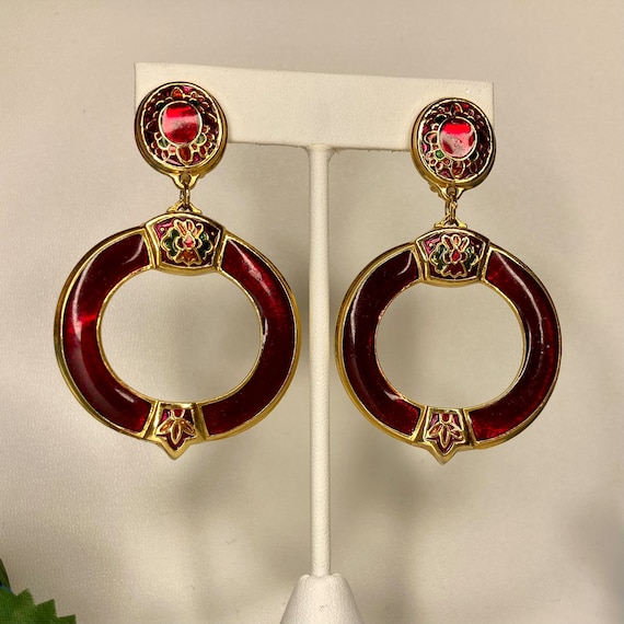 Vintage 1980s green and red enamel dangle earring… - image 2