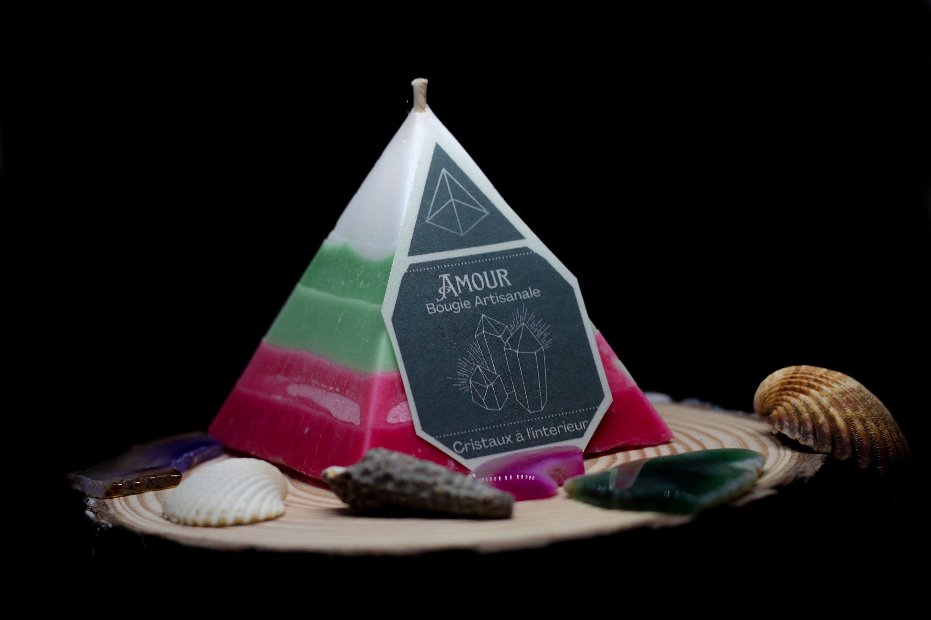 Bougie Pyramide, Cire Naturelle Crystalisée, avec Cristaux Cachés, Bougie Lithothérapie, Intention,