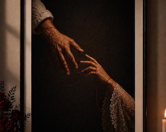 Arte mural "Hilo Rojo del Destino", póster de romance oscuro, lámina de conexión de almas gemelas, arte de amantes separados, decoración gótica romántica, larga distancia