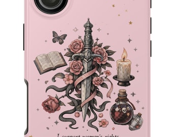 Funda para teléfono rosa rubor, apoyo los derechos de las mujeres, estética de romance oscuro, serpiente daga floral, funda resistente femenina, merchandising de romance oscuro