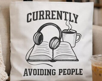 Bolso de tela divertido con el mensaje "Actualmente evitando a la gente", bolso de tela para lectores introvertidos, bolso de tela divertido para amantes de los libros, bolso de tela para lectores, bolso para amantes del café y los libros, regalo para lectores.