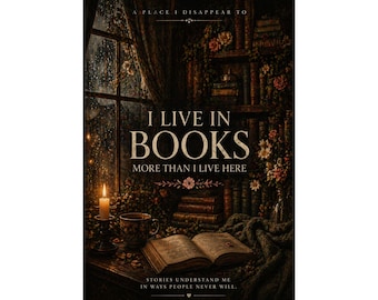 Decoración de pared para amantes de los libros, póster "Vivo en libros", decoración acogedora para leer, lámina literaria, estética lectora, arte de pared para biblioteca, regalo para lectores
