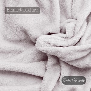 May include: Close-up of a soft, light gray blanket with a plush texture. The blanket is folded, creating deep shadows and highlighting the fluffy material. The words "Blanket Texture" and "BookishSecrets" are visible.