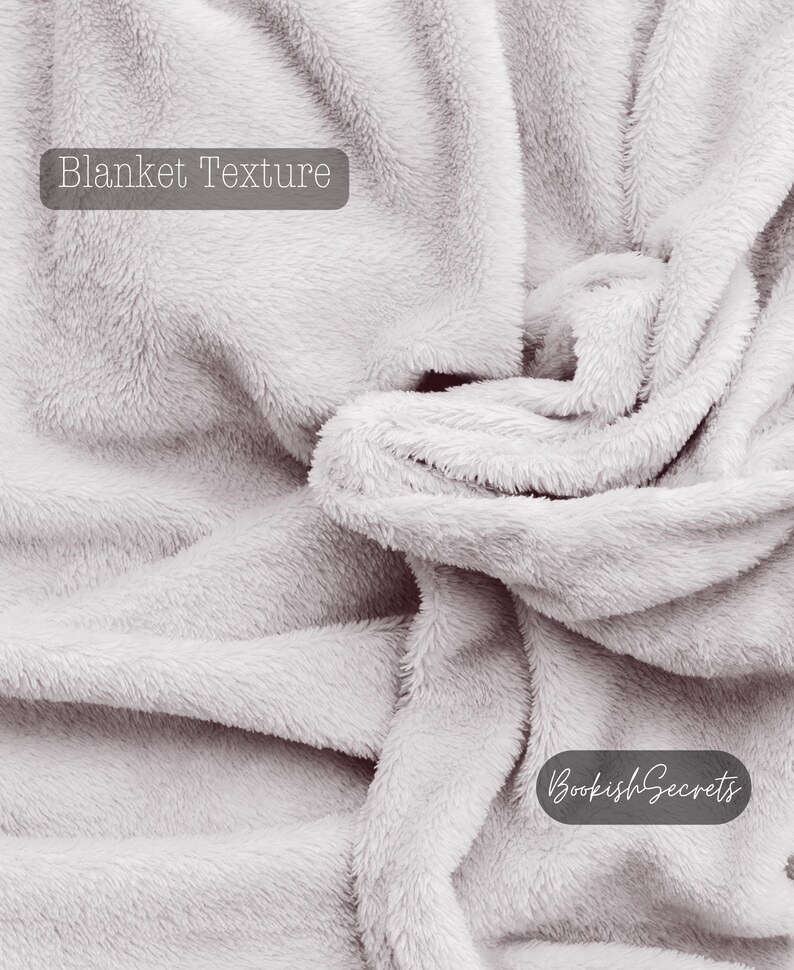 May include: Close-up of a soft, light gray blanket with a plush texture. The blanket is folded, creating deep shadows and highlighting the fluffy material. The words "Blanket Texture" and "BookishSecrets" are visible.