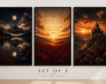 Fantasy Wall Art Set of 3 Prints | Bookish Decor | 11x17 Unframed Posters | Castle & Moon Landscape | Reader Gift | Gothic Home Decor
