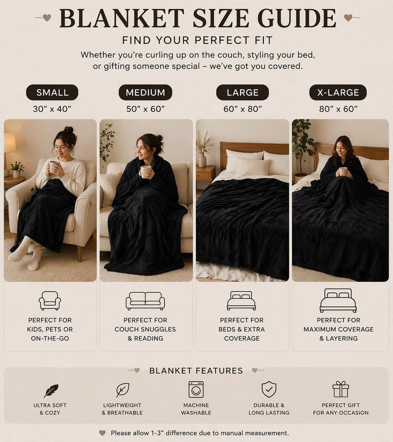 May include: A blanket size guide with four size options: Small (30" x 40"), Medium (50" x 60"), Large (60" x 80"), and X-Large (80" x 60"). The guide shows how the blankets can be used on a couch or bed. Features include ultra-soft, lightweight, machine washable, and durable.