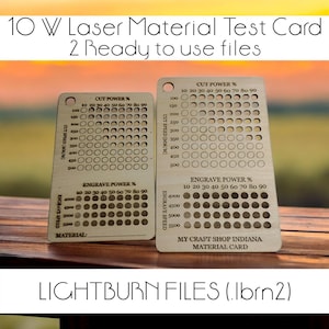 Testkaart lasermateriaal van 10 W voor LightBurn | 2 digitale bestanden (.lbrn2) | Sjabloon voor snij- en graveersnelheid | Niet SVG-compatibel
