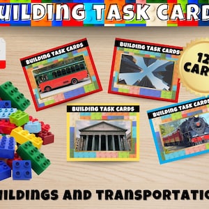 May include: A set of 124 building task cards featuring images of buildings and transportation. The cards are colorful and feature a variety of different buildings and vehicles. The cards are perfect for use in a classroom or at home.