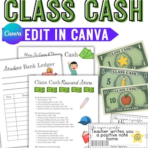 Könnte beinhalten: Ein Klassenbelohnungssystem mit dem Text "REWARD SYSTEM CLASS CASH". Enthält "Class Cash"-Scheine, ein Schülerbankbuch und eine Belohnungsliste mit Optionen wie Aufklebern und zusätzlicher Pause.