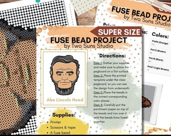 PRINTED Abe Lincoln Fuse Bead Pattern | Template to Use with Perler Beads | Patriotic Pixel Art Activity | 49x69 Super Size USA Craft