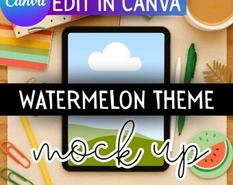 Watermelon Desk Themed Tablet iPad Mockup: Canva Drag-and-Drop Mock (Digital Download)