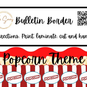 Puede incluir: Un borde de tablero de anuncios imprimible con un tema de palomitas de maíz. El borde presenta un patrón de rayas rojas y blancas con ilustraciones de palomitas de maíz y el texto "Popcorn Theme".