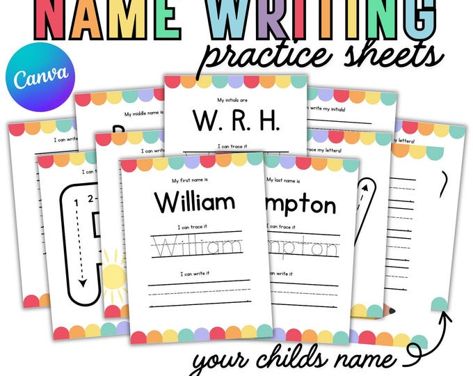 Featured listing image: Editable Name Tracing Worksheet PDF | Preschool & Kindergarten Handwriting Practice | Canva Link + Custom Option | Printable Packet