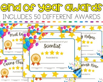 50 End of School Awards for Students, Middle School or Elementary School, Teaching Resources, 50 Award Certificates for Students