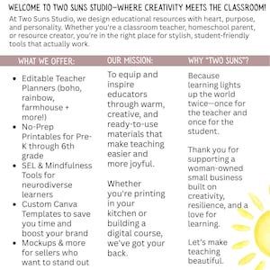 May include: A promotional graphic for Two Suns Studio, featuring text about educational resources. The text highlights offerings like teacher planners, printables, and Canva templates. The design uses a soft color palette with a sun illustration.