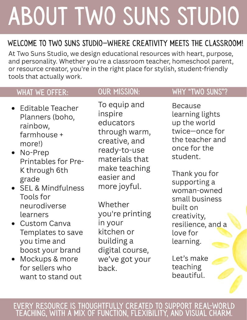 May include: A promotional graphic for Two Suns Studio, featuring text about educational resources. The text highlights offerings like teacher planners, printables, and Canva templates. The design uses a soft color palette with a sun illustration.