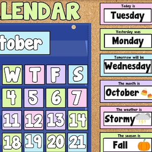 Pretty Pastels Pocket Chart Calendar with Weather, Season, Month & Day Display
