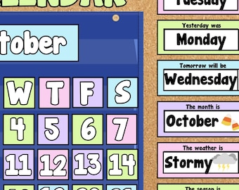 Pretty Pastels Pocket Chart Calendar with Weather, Season, Month & Day Display