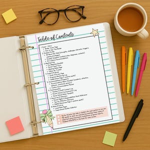 May include: A white 3-ring binder with a printed table of contents, pens, and a cup of coffee on a wooden surface. The text reads "Print as Many as Needed" and "Store in 3-Ring Binder". Also included are eyeglasses and sticky notes.