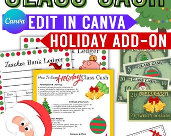 Holiday Classroom Rewards Cash: Coupons, Cash, & Labels (PDF Printables, Canva Template)