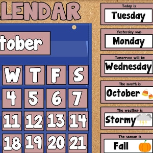 Mauve Pocket Chart Calendar with Weather, Season, Month & Day Display