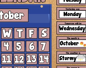 Mauve Pocket Chart Calendar with Weather, Season, Month & Day Display