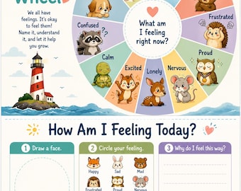Feelings Wheel SEL Social Emotional Learning Worksheet for Elementary School Kids, Therapy and Counseling