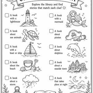 Può includere: Un foglio di attività in bianco e nero intitolato Coastal Story Hunt con caselle di controllo accanto alle illustrazioni di un faro, sirena, tartaruga marina, cappello da pirata, barca a vela, delfino, secchiello, città costiera e libro.