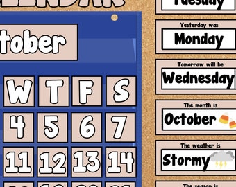 Tan Pocket Chart Calendar with Weather, Season, Month & Day Display
